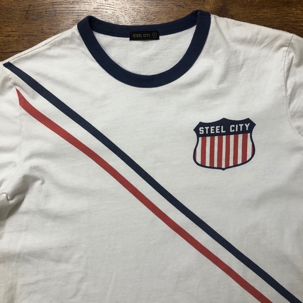 Steel City Men’s M White Striped Graphic T-shirt 100% Cotton